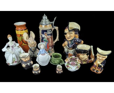 Mixed Lot of Pottery to include three graduating Hummel monk figures, Pendelfin figure, Royal Doulton figure, etc.