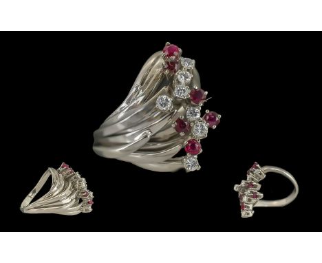 Ladies 1950's Bespoke Made 18ct White Gold Diamond and Ruby Set Cocktail Ring, Not Marked but Tests 18ct Gold, Round Brillian
