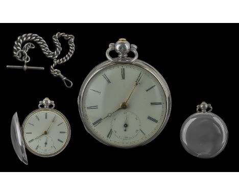 Early Victorian Sterling Silver Open Faced Pocket Watch and Attached Double Albert Sterling Silver Watch Chain, hallmarked Lo