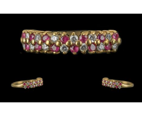 Ladies 9ct Gold Pleasing Ruby and Diamond Set Ring, full hallmark to interior of shank, rubies and diamonds of good colour an