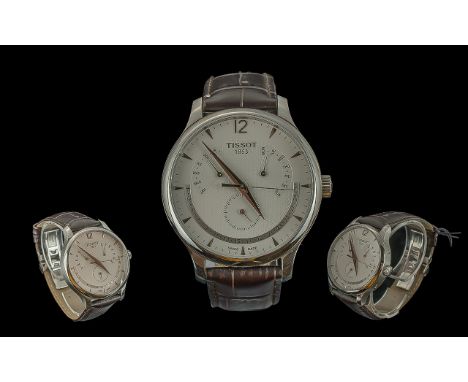 Tissot Gentleman's Wristwatch, as new in original box, brown leather strap, white face with baton numerals, subsidiary dials.