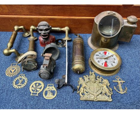 Box Containing a Quantity of Brass & Metal Ware, to include a money bank, a ship's compass, diver's torch, door handles, wall