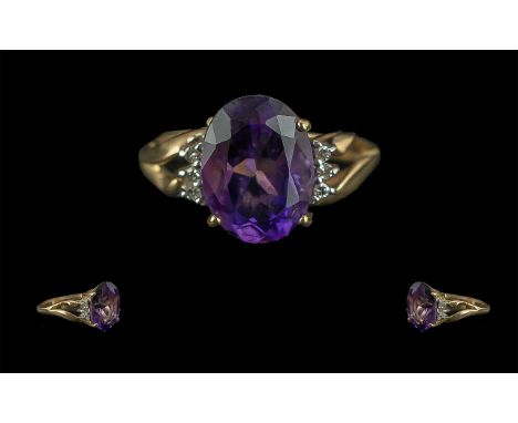Ladies Attractive 9ct Gold Amethyst and Diamond Set Ring. Full Hallmark to Interior of Shank. The Amethysts of Excellent Deep