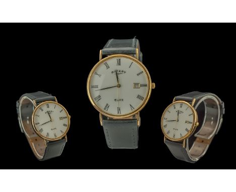 Rotary - Elite Gents 9ct Gold Cased Quartz Wrist Watch. Features White Dial, Roman Numerals, Just / Date Display Window.