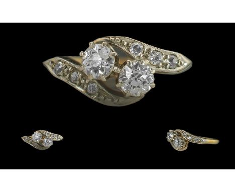 Antique Period Pleasing Ladies 18ct Gold and Platinum 2 Stone Diamond Set Ring, Marked 18ct and Platinum to Interior of Shank