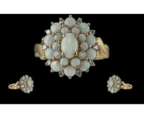 Ladies - Attractive 9ct Gold Opal and Diamond Set Cluster Ring, Full Hallmark to Interior of Shank. Pleasing Well Matched Opa