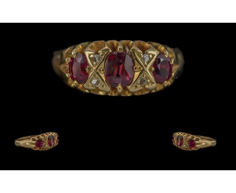 Antique Period Ladies 18ct Gold Ruby & Diamond Set Ring - Raised Open Worked Setting. Rubies And Diamonds Of Good Colour And 