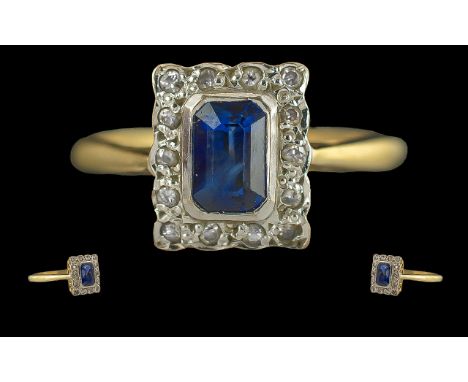 Ladies Petite 18ct Gold Blue Sapphire and Diamond Set Ring, full hallmark to interior of shank, excellent form and design, th