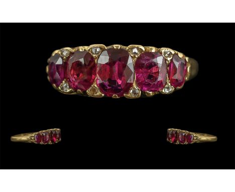 Antique Period Ladies - Pleasing 18ct Gold 5 Stone Ruby and Diamond Set Dress Ring, Ornate Setting, Full Hallmark to Interior