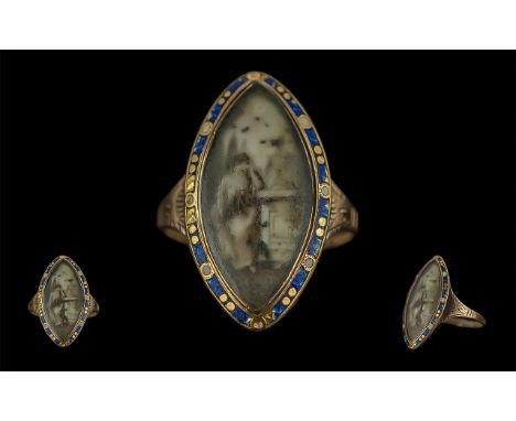 George III  22ct Gold Two Colour Enamel Navette Shaped Mourning Ring, ''Aged 63, Deceased 26th March 1785''; ring size S, wei