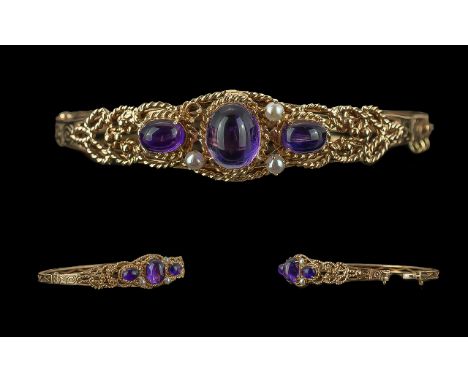 Antique Period Ladies - Excellent 9ct Gold Open Worked Hinged Bangle, Set with Amethysts and Seed Pearls. Full Hallmark to In