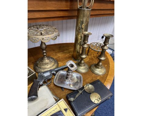 Mixed Lot to include brass, display revolver, fire irons, scale, draughtsman set, etc.