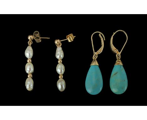 Ladies Two Pairs of Pleasing 9ct Gold Turquoise and Pearl Set Drop Earrings, both stamped for 9ct gold, the large teardrop tu