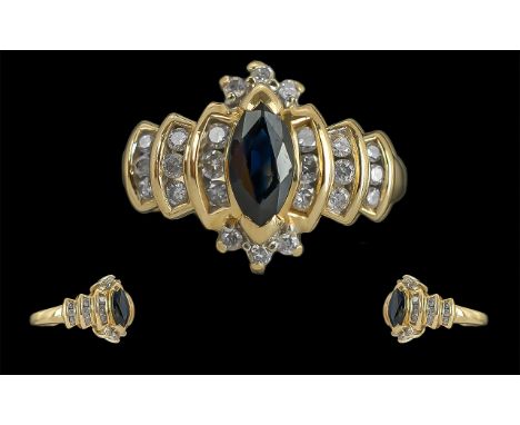 Ladies - Contemporary 14ct Gold Diamond and Sapphire Set Dress Ring. Marked 585 to Interior of Shank. The Diamonds of Good Co