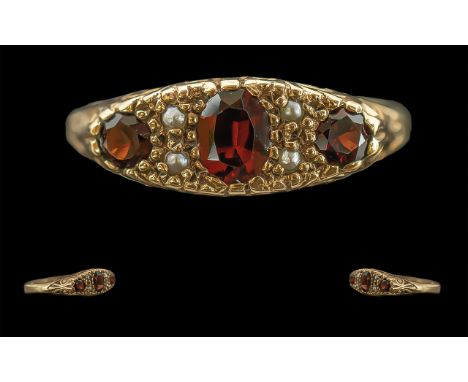 Antique Pleasing 9ct Gold Ladies Garnet and Seed Pearl Set Dress Ring, Excellent Ornate Raised Setting, Full Hallmark for Che