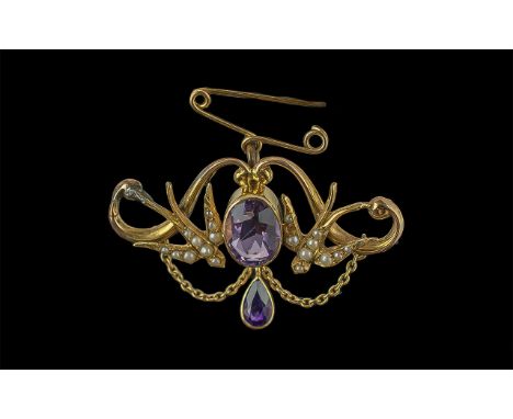 Victorian Period 1837 - 1901 Ladies Exquisite 15ct Gold Two Swallows Bird Brooch, Set with Seed Pearls, Amethyst, The Central