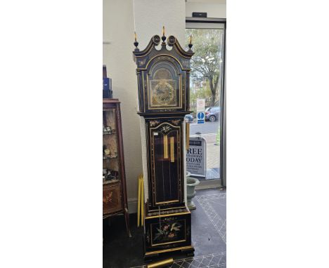 Late 20th Century Black Lacquered Long Case Clock, mahogany trunk triple weights and glazed front.  Broken pediment with thre