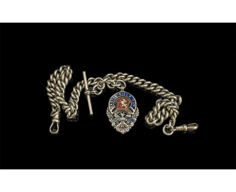 Edwardian Period 1901 - 1910 Sterling Silver Double Albert Watch Chain with Attached Sterling Silver and Enamel Football Meda