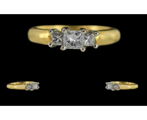Ladies 18ct Two Tone Gold 3 Stone Diamond Set Ring, Full Hallmark to Interior of Shank, The Princes Cut Diamond of Good Colou