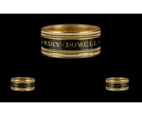 George III  22ct Gold Two Colour Enamel Mourning Band, inscribed "Mary Powell, OB 12 March 1809, Age 34"; weight 4.6g, ring s