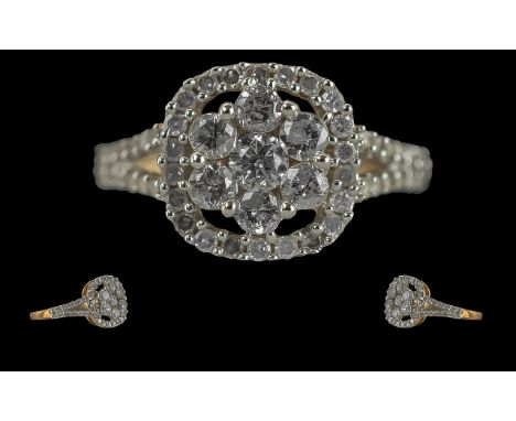 Ladies 9ct Gold Contemporary Diamond Set Cluster Ring - Full Hallmark To Interior Of Shank. Well Matched Diamonds Of Good Col