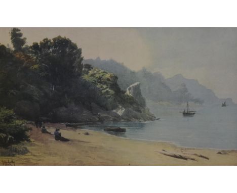 John Gully (1819 - 1888, New Zealand); Beach scene, possibly of New Zealand, print of a&nbsp;watercolour on paper, signed and