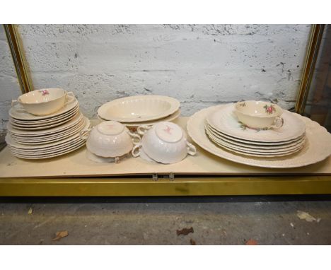 A Spode Billingsley Rose part dinner service, to include: 5 x soup bowls and saucers, 1 x large serving plate, 6 x dinner pla