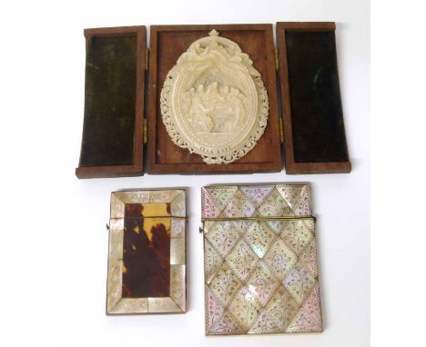 Wooden case containing a carved shell, mother-of-pearl veneered visiting card case and one other. Condition report: see terms