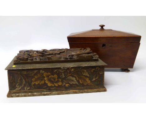 George III tea caddy of sarcophagus shape and a Chinese carved box.  Condition report: see terms and conditions
