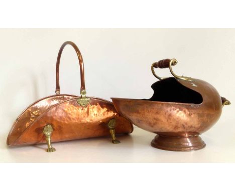 Copper/brass coal bucket and stick carrier. Condition report: see terms and conditions