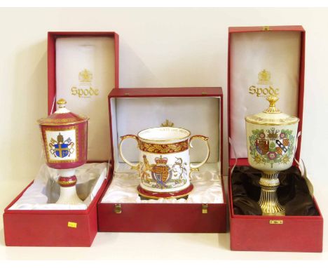 Spode limited edition 1982 Pope John Paul British Visit lidded goblet, Spode Jubilee loving mug, Spode Royal Wedding lidded g
