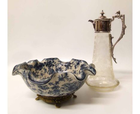 Engraved glass wine ewer with plated top and handle blue & white reproduction bowl on brass base Condition report: see terms 