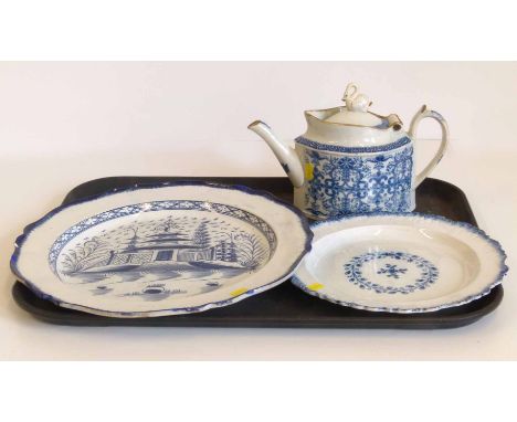 Pearl ware charger circa 1800, a plate and a tea pot. Condition report: see terms and conditions