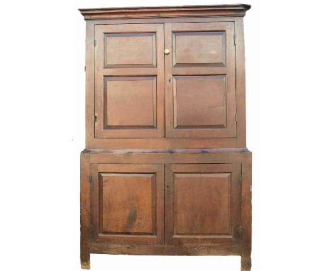 A George II Welsh small joined oak press cupboard, circa 1750, fitted with a single shelf inside upper section 166cm high, 11