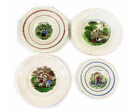 A set of four Victorian pearl ware nursery plates, transfer decorated including Robinson Crusoe etc (4) 