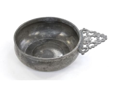 A scarce style of English pewter porringer with geometric cartouche ear and T-shaped bracket, London circa 1685-1760, P154, 2