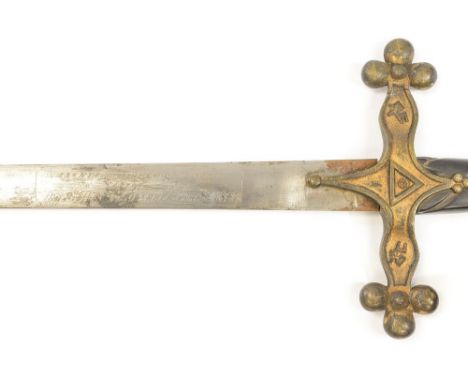 A 19th Century Masonic sword, ebony and brass hilt, brass crossguard with cast Masonic symbols, 88cm blade with engraved insc