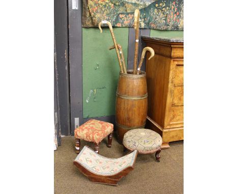 Two Victorian Footstools, A 19th Century Cheese Coaster (converted), Four Various Sticks and A Coopered Barrel Form Stick-Sta