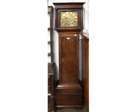 An Oak Thirty Hour Single-Handed Longcase Clock, 18th century,  with 9 3/4" square brass dial signed Thos Reynolds, Warwick, 