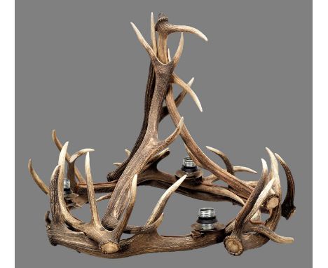 Antler Furniture: A Red Deer Antler Mounted Chandelier, circa late 20th century, an antler mounted three-light chandelier, fo