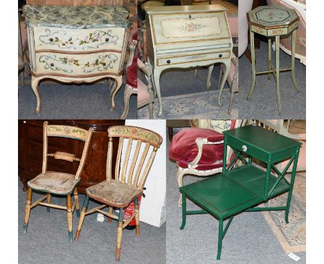 A Venetian Style Painted Bureau, An Octagonal Work Table, decorated with flowers and butterflies, A Green Painted Stepped Bed