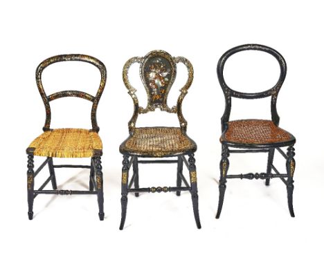 THREE VARIOUS VICTORIAN MOTHER-OF-PEARL INLAID PAPIER-MÂCHÉ SIDE CHAIRS (3)All on turned supportsCondition report:&nbsp;These