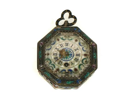 A VIENNA HISTORISMUS ROCK CRYSTAL AND POLYCHROME ENAMEL POCKET WATCHIn the 17th Century style, circa 1900Of octagonal form, t