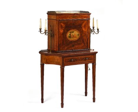 AN EDWARDIAN SATINWOOD BANDED POLYCHROME PAINTED MAHOGANY BONHEUR-DU-JOURWith a fitted superstructure over single drawer, fla