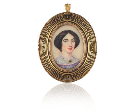 P. Barnes (19th Century)A portrait miniature of a ladyOn ivoryIn a gold stepped frame with Greek key inset enamelDated verso 