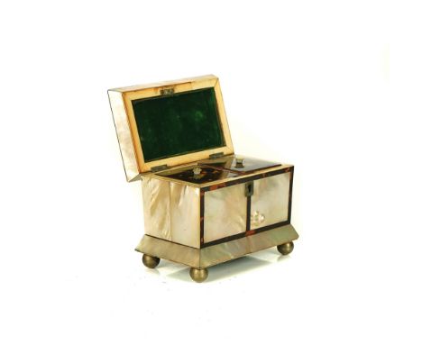 A REGENCY MOTHER-OF-PEARL AND TORTOISESHELL CROSSBANDED TEA-CADDYEarly 19th Century With sarcophagus shaped hinged lid, enclo