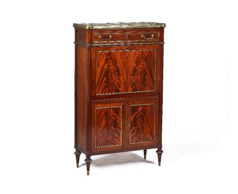 AN EMPIRE BRASS-MOUNTED MAHOGANY MARBLE TOP SECRETAIRE A ABATTANTWith a fitted interior over pair of cupboards, 80cm wide; 13