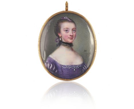 Nathaniel Hone (1718-1784)An enamel portrait miniature of Eliza Angelo, aged 17Wearing a mauve dressInitialled and dated 1756