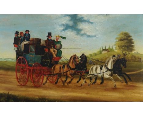 R*** WELLERThe London to Bath coachsigned 'R Weller' (lower right) oil on board 33 x 51cmProvenance: Hylda and Lewis Gilbert,