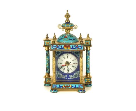 A BRASS AND CLOISSONE ENAMEL MANTEL TIMEPIECEModernFitted with a quartz movement, 22cm highProvenance: Hylda and Lewis Gilber